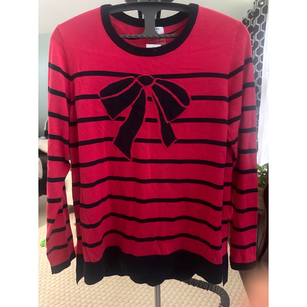 Crown & Ivy Womens XL Dp Rose/Navy Striped Bow Crew Neck Knit Sweater NWT